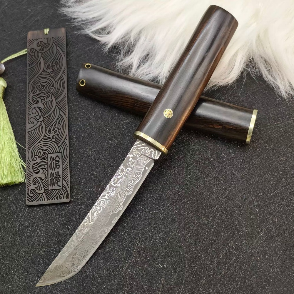 Woodworking In Japanese - Hochharte VG10 Damast-Tanto-Klinge mit Ebenholzgriff, feststehende